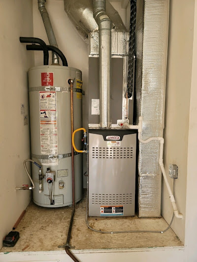 Interior view of a room with a gas furnace and water heater